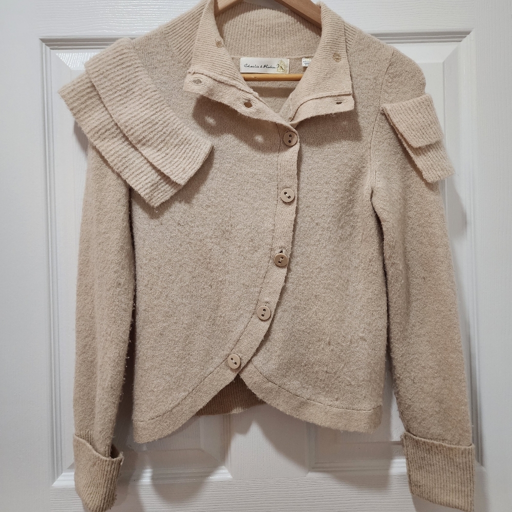 Anthropologie Charlie And Robin Knit Sweater Cardigan Ruffled Ivory Beige XS - Picture 4 of 10